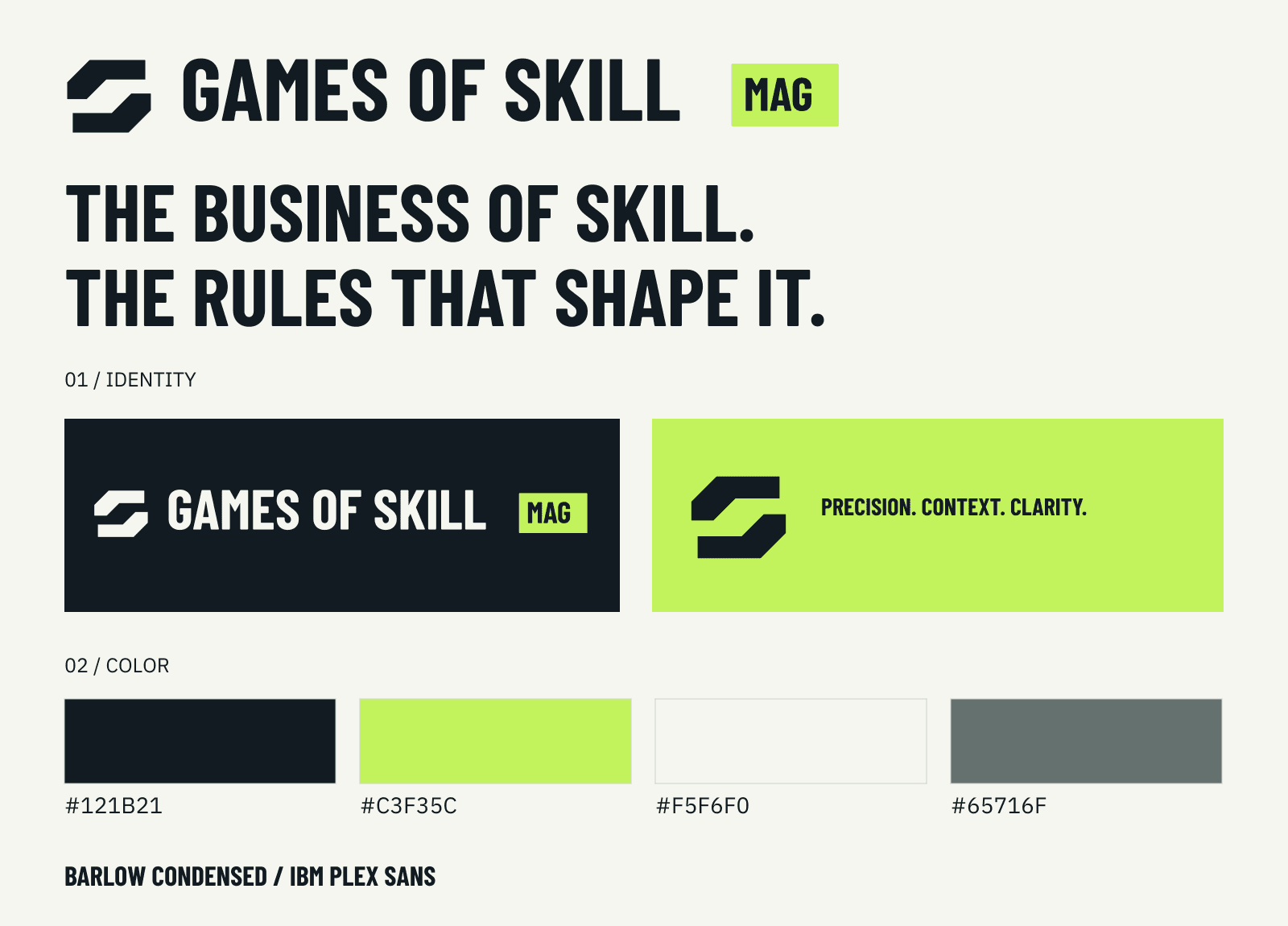 GamesOfSkillMag brand board with primary and reversed logos, ink, lime, paper, and slate palette